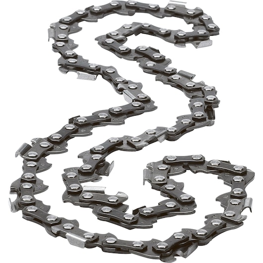 BLACKDECKER A6158 chainsaw chain, silver metal, close-up view on white background.