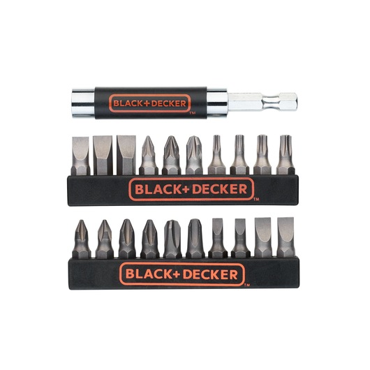 BLACK+DECKER branded screwdriver bit set including multiple types of screwdriver bits in two black holders and a magnetic bit holder, displayed on a white background.