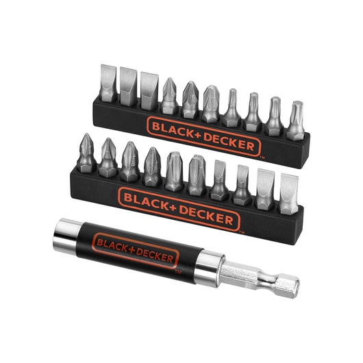 BLACK+DECKER screwdriver bit set featuring two black holders with multiple metal bits of various shapes and a magnetic bit holder attachment, displayed against a white background.