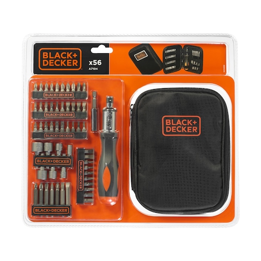 BLACK+DECKER 56-piece screwdriver and bit set (model A7104), displayed in retail packaging. Includes multiple screwdriver bits, sockets, a handle, and a black carrying case with the BLACK+DECKER logo.