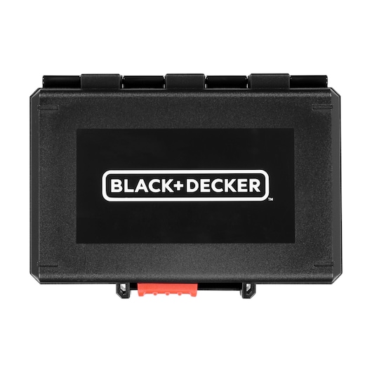 A rectangular black plastic case with the BLACK+DECKER logo on the front, featuring a red latch at the bottom.