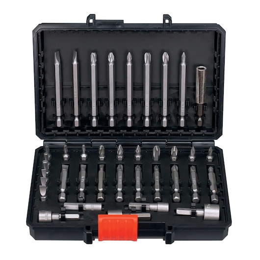 A BLACK+DECKER tool bit set in a black plastic case, showing various screwdriver and drill bits organized in rows, with a bright orange latch in front.