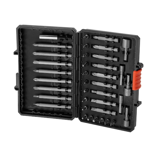 A BLACK+DECKER toolkit featuring a variety of screwdriver bits and sockets in a black plastic case with a red latch, displayed open.