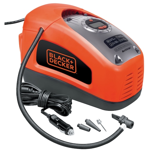 Kit image of all accessories included with the BLACK+DECKER 160 PSI AC/DC Multi Purpose Air Station.