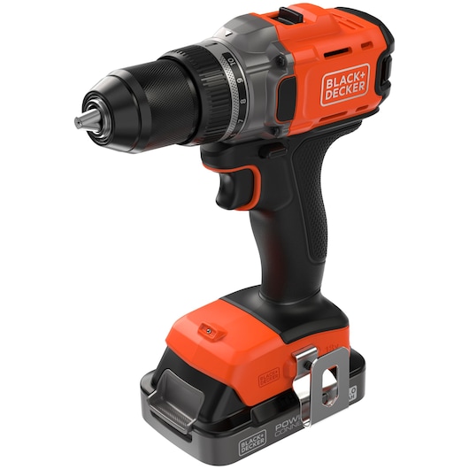 Cordless BLACK+DECKER power drill with ergonomic grip, orange and black design, suitable for DIY tasks.