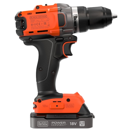 BLACK+DECKER cordless drill with 18V lithium battery, orange and black, side view on white background.