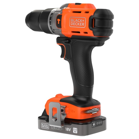 BLACK+DECKER BCD383D1XC cordless drill, 18V with 2.0Ah battery, orange and black design, side view.