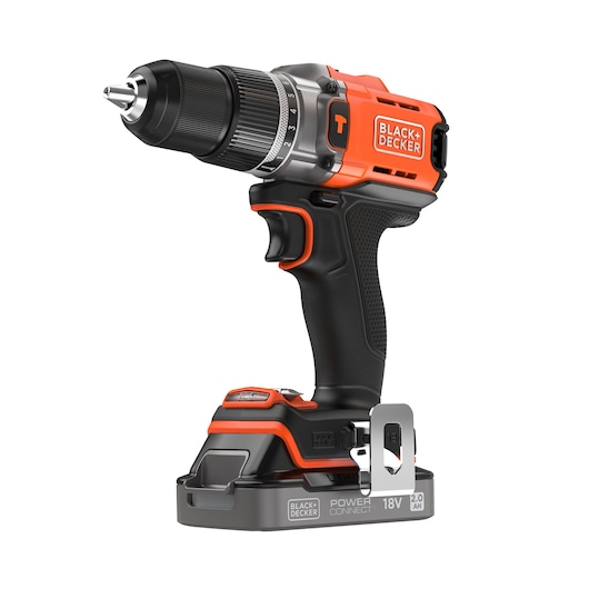 A BLACK+DECKER cordless power drill with an 18V battery, black and orange color, featuring a textured grip handle and adjustable torque settings.