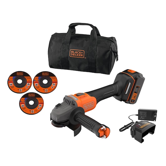 BLACKDECKER BCG6L8F1S cordless angle grinder kit, includes 3 cutting discs, battery, charger, and black carrying bag, front view.