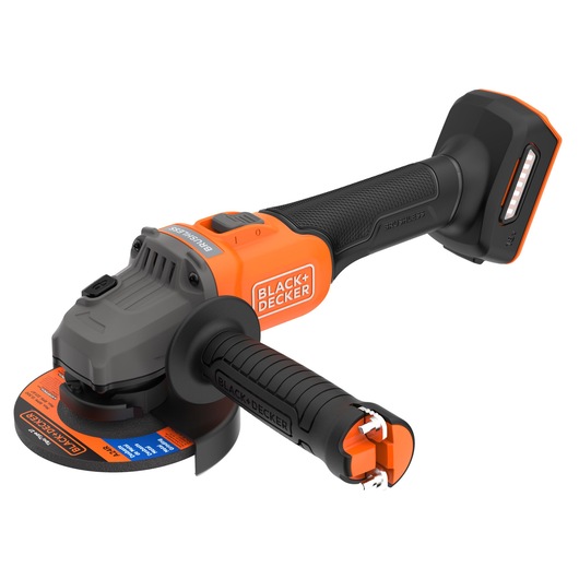 A BLACK+DECKER cordless angle grinder with an orange and black design, showing its handle, disc, and battery compartment.