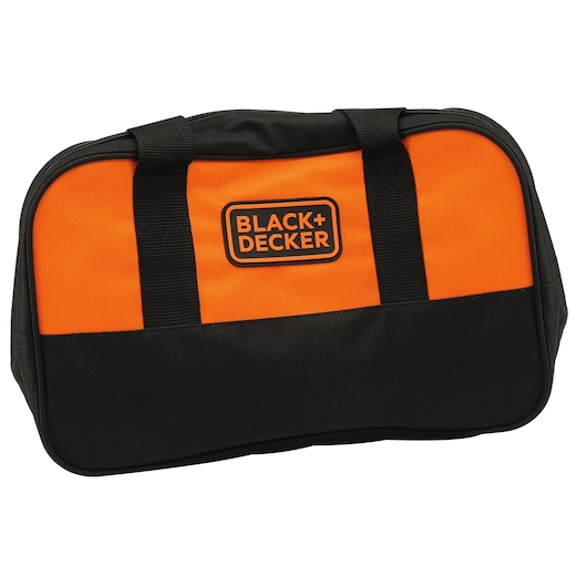 A BLACK+DECKER branded tool bag, primarily orange with black handles and bottom, featuring the company logo on the front.
