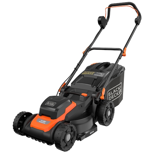 A BLACK+DECKER cordless lawn mower with a black and orange design, featuring a grass collection box at the rear and a sturdy handle for pushing.