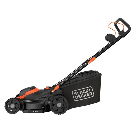 A BLACK+DECKER electric lawn mower with a 40 cm cutting width, shown in a side profile. The mower is black with orange accents and has a grass collection box attached at the rear.