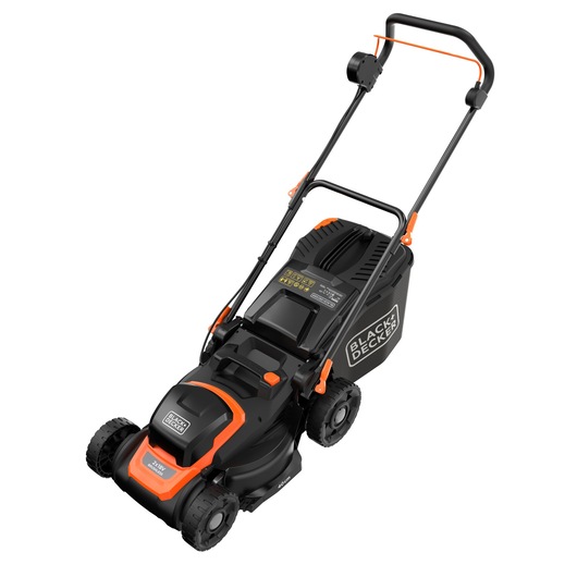 A BLACK+DECKER electric lawn mower with a black and orange design, four wheels, a grass collection bag at the rear, and an ergonomic handle.