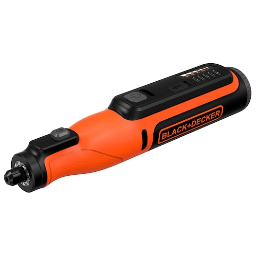 A BLACK+DECKER orange and black rotary tool with an ergonomic handle, control buttons, and LED indicators, designed for precision work in photography and DIY projects.