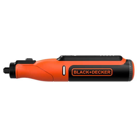 Side view of a BLACK+DECKER electric screwdriver, featuring an orange and black design with the brand name displayed on the handle.