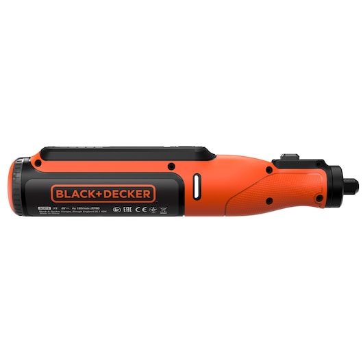 A BLACK+DECKER electric screwdriver in orange and black color, showing the side profile with the brand logo and technical details.
