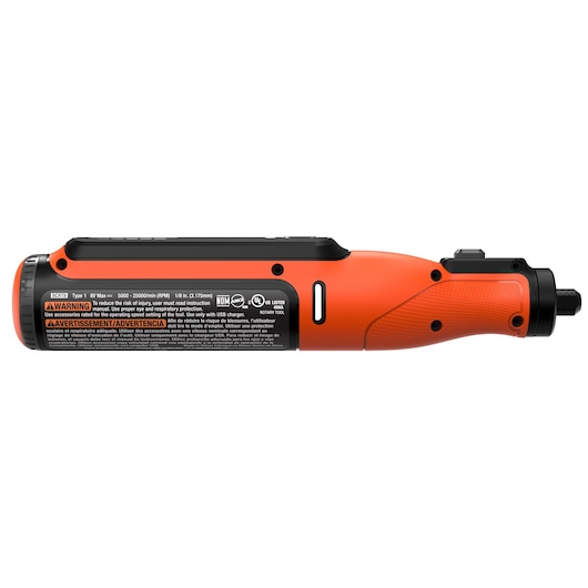 Side view of a BLACK+DECKER cordless rotary tool, model BCRT8IK, in orange and black with visible safety and usage labels.