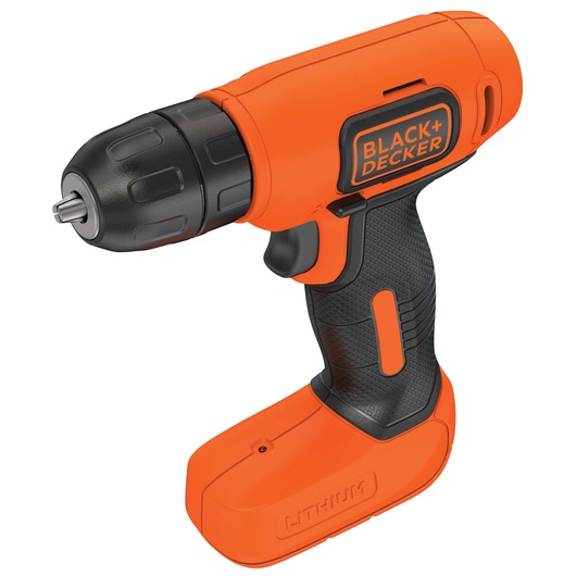 A BLACK+DECKER cordless electric drill with an orange and black body, featuring a lithium battery pack.
