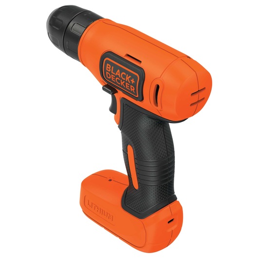 An orange and black cordless drill with a lithium battery, branded with BLACK+DECKER, shown isolated on a white background.
