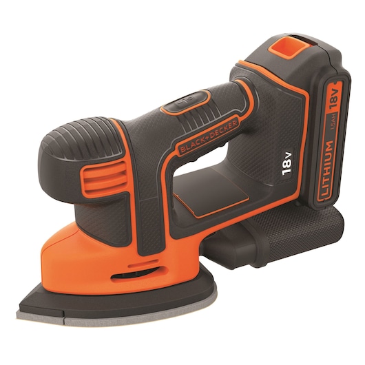 A BLACK+DECKER 18V cordless lithium detail sander with a black and orange design. The sander features an ergonomic handle and a dust collection system.