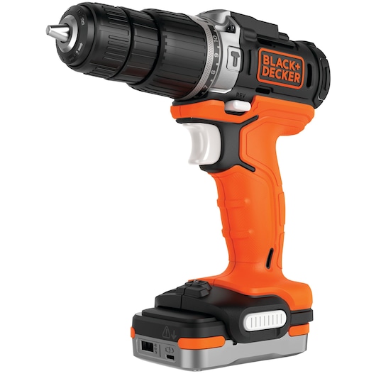 A cordless electric drill with an orange and black handle, branded with BLACK+DECKER, featuring a trigger and adjustable settings, shown on a white background.