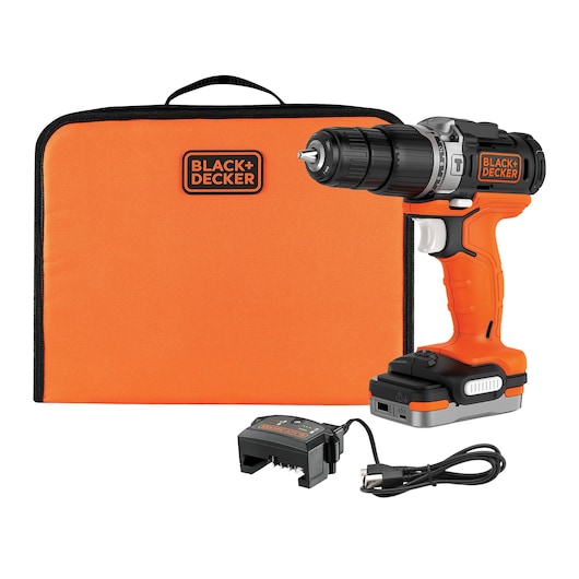 A BLACK+DECKER cordless drill set including an orange and black drill, an orange carrying case with BLACK+DECKER logo, and a black battery charger with cord.