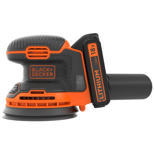 A BLACK+DECKER cordless random orbital sander with an 18V lithium battery, shown in a side view. The tool features a black and orange design and the BLACK+DECKER logo on the side.