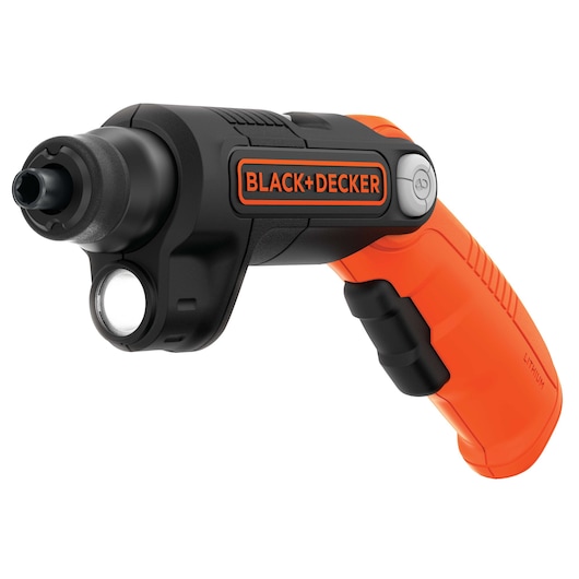 A BLACK+DECKER cordless electric screwdriver with an orange and black handle, featuring a built-in LED light near the tip.