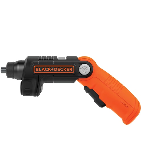 A BLACK+DECKER cordless electric screwdriver with an orange and black handle, shown in a side view. The tool is labeled with the brand name and features a lithium battery.