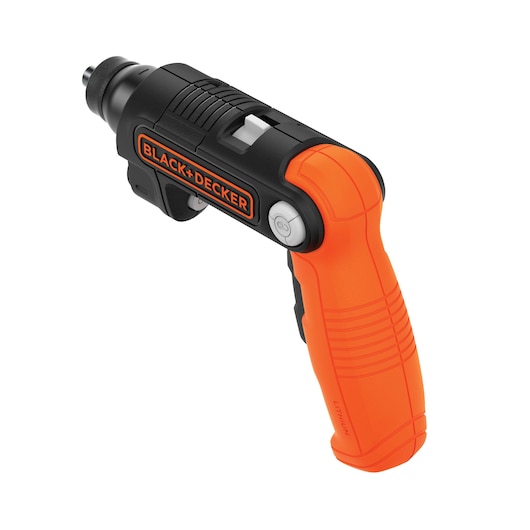 A BLACK+DECKER cordless screwdriver with an orange and black ergonomic handle, shown on a white background.