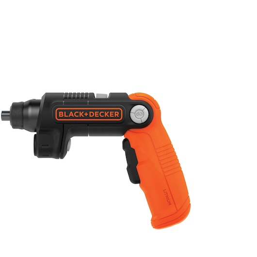 A BLACK+DECKER cordless electric screwdriver with an orange and black handle, featuring a compact design and visible brand logo.
