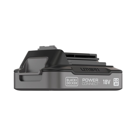 A BLACK+DECKER Power Connect 18V 2.0Ah lithium rechargeable battery, shown in a side view with branding and technical information visible.