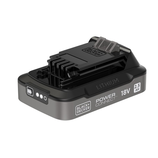 BLACK+DECKER Power Connect 18V 2.5Ah lithium battery for tools, shown in black with brand and specifications labeled on the side.