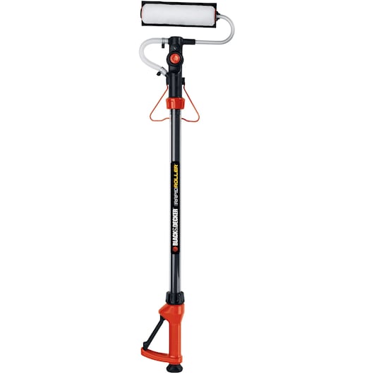 A BLACK+DECKER BDPR400 powered paint roller with an extendable handle, trigger grip, and a paint roller head, designed for easy and controlled painting.