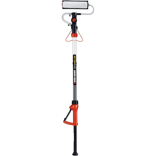 A BLACK+DECKER BDPR400 paint roller with a long handle, red and black accents, and a built-in paint reservoir. The roller head is rectangular and covered with a white fabric.