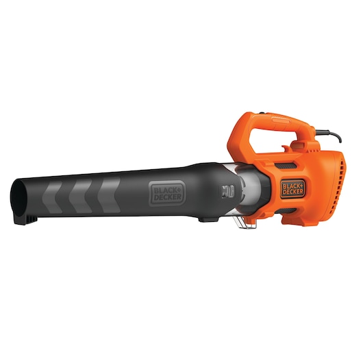A BLACK+DECKER electric leaf blower with an orange and black design, featuring a handle and a long nozzle.