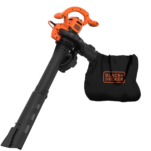 A BLACK+DECKER branded leaf blower and vacuum with an orange and black design, featuring a collection bag attached.