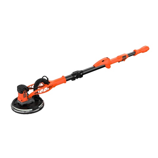 A BLACK+DECKER long-handled electric wall sander in orange and black, designed for sanding walls and ceilings, with an extendable handle and round sanding head.