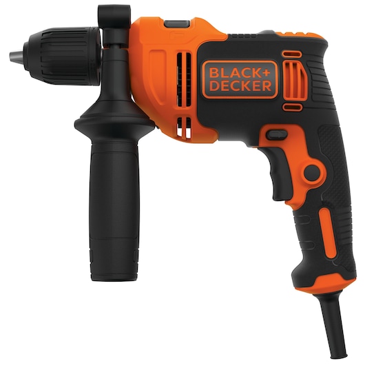 A BLACK+DECKER BEH550 electric drill with an orange and black design, featuring a side handle and trigger switch.