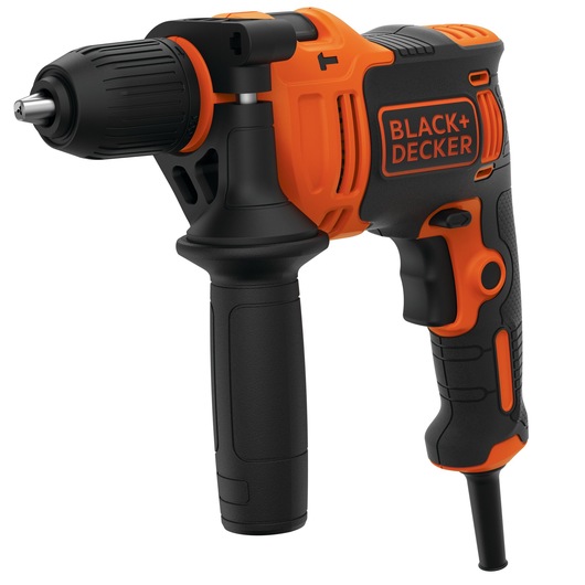 A BLACK+DECKER electric hammer drill, model BEH710, featuring a black and orange design, ergonomic handle, and side auxiliary handle.