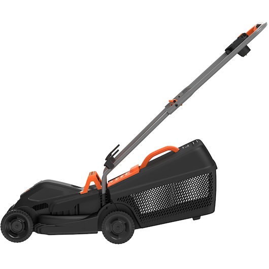 A side view of a BLACK+DECKER electric lawn mower with a black and orange design, featuring a mesh grass collection box and a long handle.
