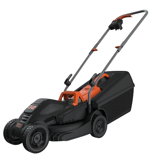 A BLACK+DECKER electric lawn mower, model BEMW351, featuring a black and orange design with a push handle and grass collection box.