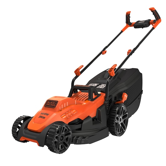 A BLACK+DECKER electric lawn mower with an orange and black design, featuring a handle and grass collection box.