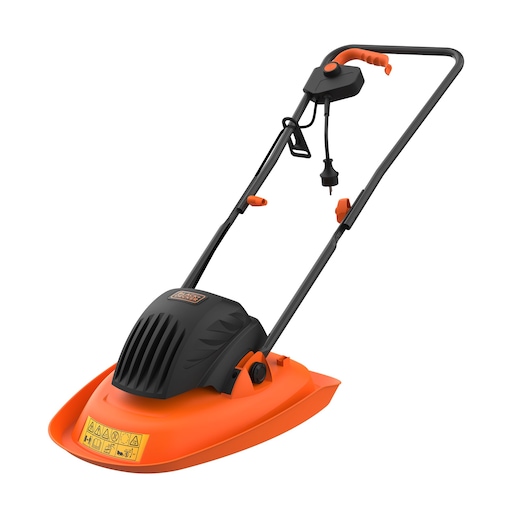 A BLACK+DECKER electric hover lawn mower with an orange and black design, featuring a handle with a power cord and safety markings on the front.