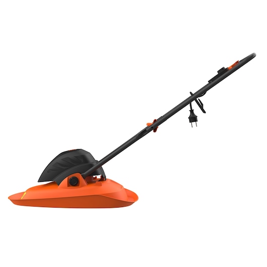 Side view of an orange and black BLACK+DECKER electric hover mower with a long handle and attached power cord, placed on a white background.