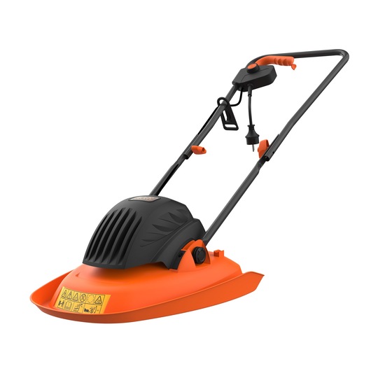 A BLACK+DECKER hover lawn mower with an orange and black design, electric power cord, and ergonomic handle.