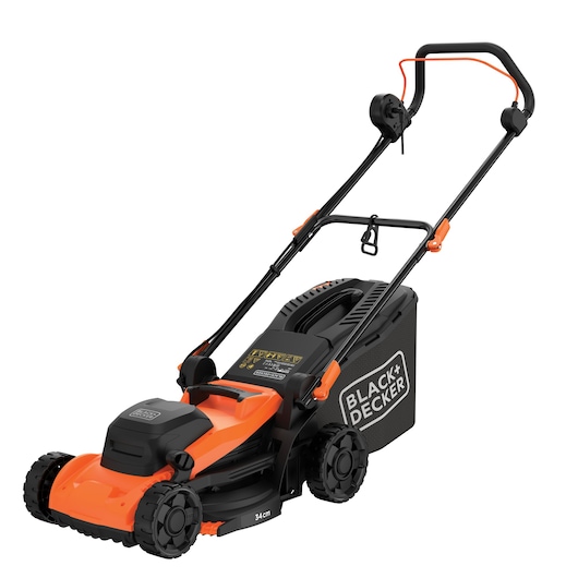 A BLACK+DECKER electric lawn mower with an orange and black design, featuring a grass collection box at the rear and a sturdy handle for pushing.