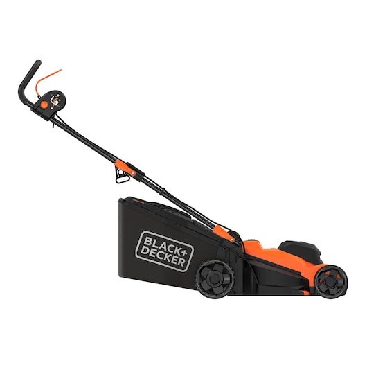 Side view of an orange and black BLACK+DECKER electric lawn mower with a grass collection box attached.