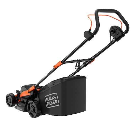 A BLACK+DECKER electric lawn mower with a black and orange design, featuring a grass collection box and ergonomic handle.